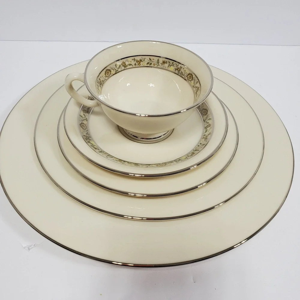 Lenox Springdale Cup Saucer Salad Bread & Dinner Plates 5 Pieces Platinum Trim